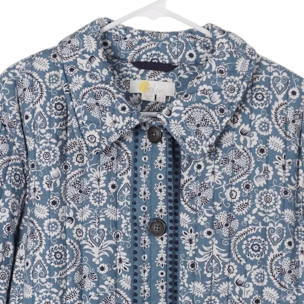 Boden Quilted Jacket Women 12 Blue Floral Cotton Linen Button Up Pockets Casual - Picture 2 of 9